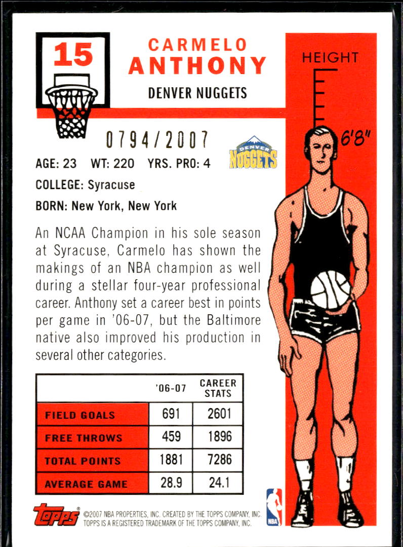 Carmelo Anthony 2007 Topps 50th Anniversary GOLD 794/2007 Denver Nuggets