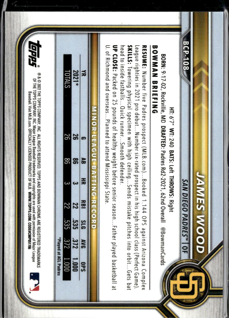 James Wood 2022 Bowman Chrome 1st Blue Shimmer Refractor 79/150 Padres