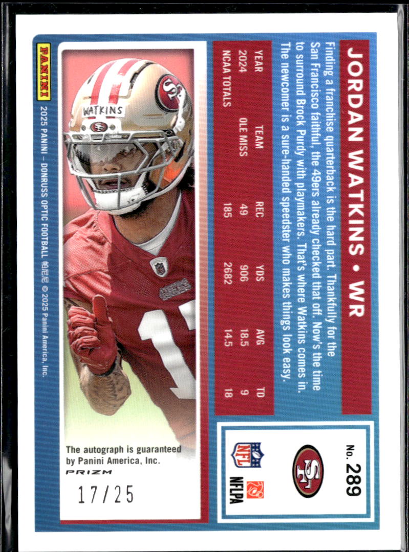 Jordan Watkins 2025 Optic Rated Rookie Auto Autograph RC 17/25 49ers