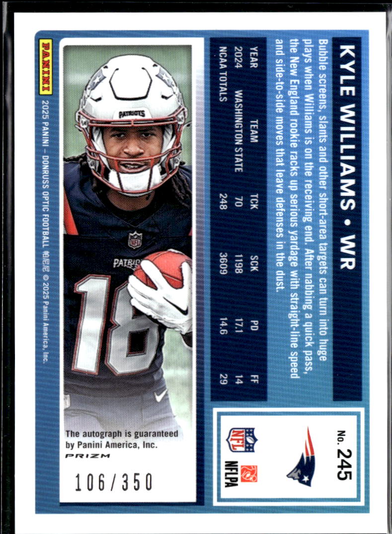 Kyle Williams 2025 Optic Rated Rookie Auto Autograph 106/350 Patriots