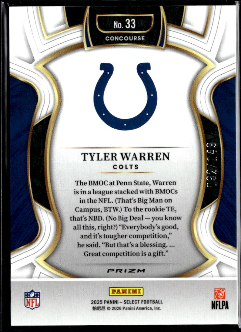Tyler Warren 2025 Select Maroon Prizm Rookie RC 32/149 Indianapolis Colts