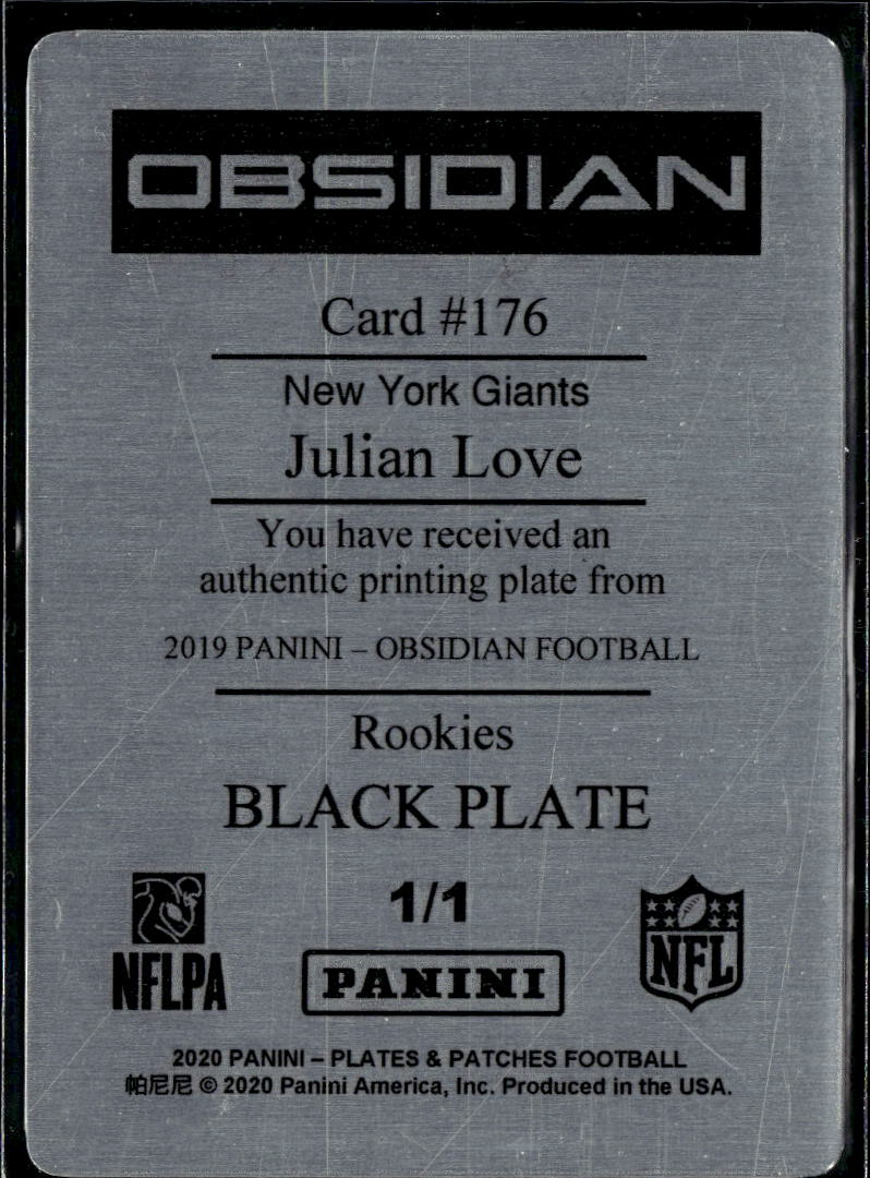 Julian Love 2020 Obsidian Printing Plate Black Rookie RC 1/1 New York Giants