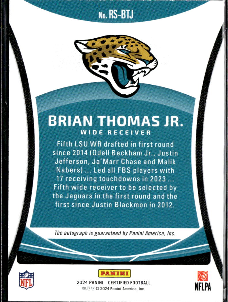 Brian Thomas Jr. 2024 Certified Auto Autograph RC 9/49 Jacksonville Jaguars