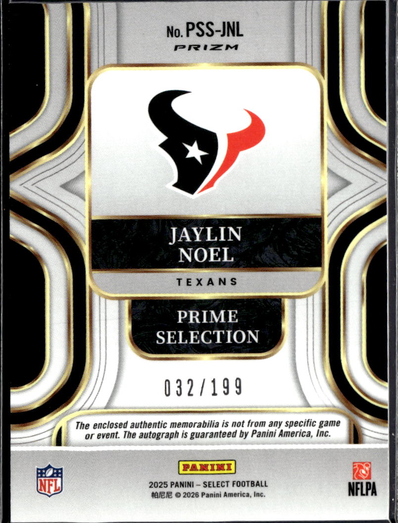 Jaylin Noel 2025 Select Auto Autograph Patch RC 32/199 Houston Texans