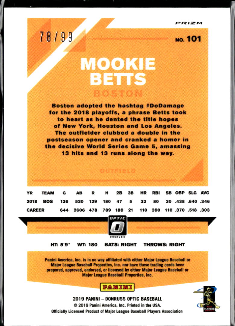 Mookie Betts 2019 Optic Orange Prizm 78/99 Boston Red Sox