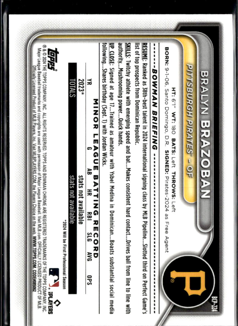 Bralyn Brazoban 2024 Bowman Chrome 1st GOLD Shimmer Refractor 33/50 Pirates