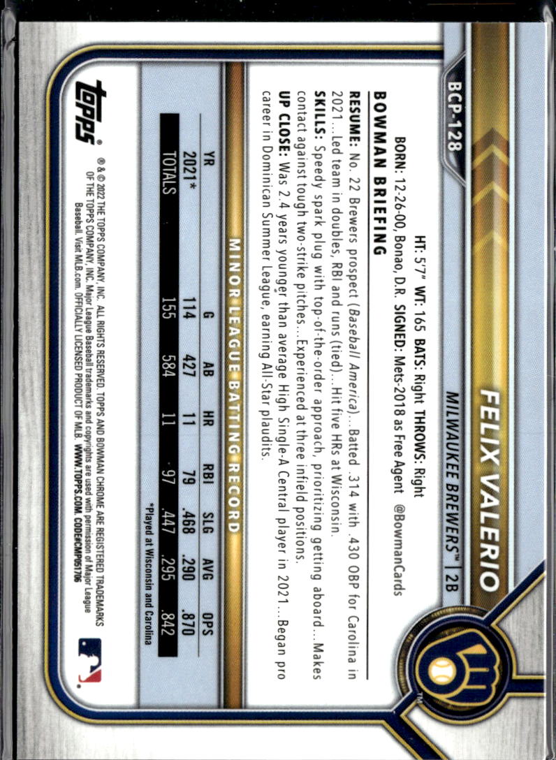 Felix Valerio 2022 Bowman Chrome 1st Orange Shimmer Refractor 25/25 Brewers