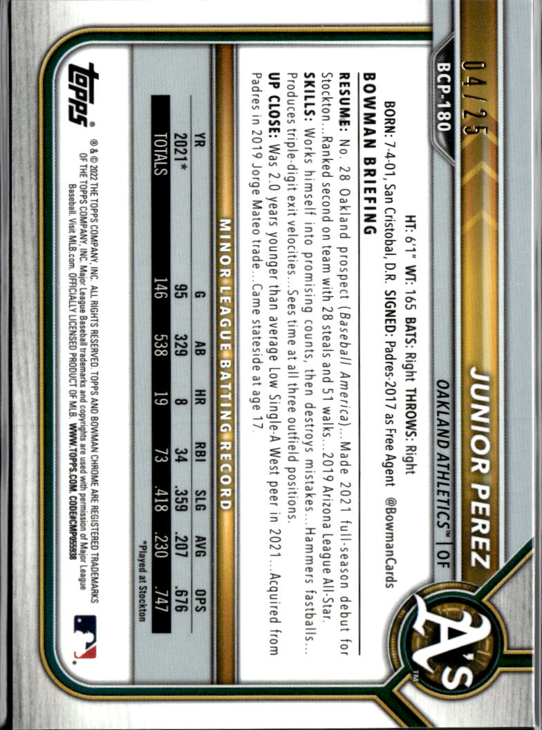 Junior Perez 2022 Bowman Chrome 1st Orange Refractor 4/25 Oakland Athletics