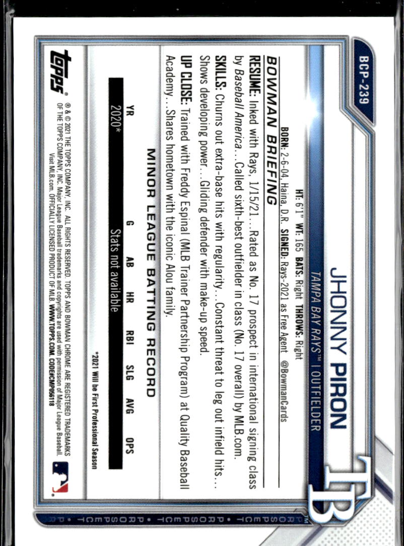 Jhonny Piron 2021 Bowman Chrome Orange Sapphire Refractor /75 Tampa Bay Rays