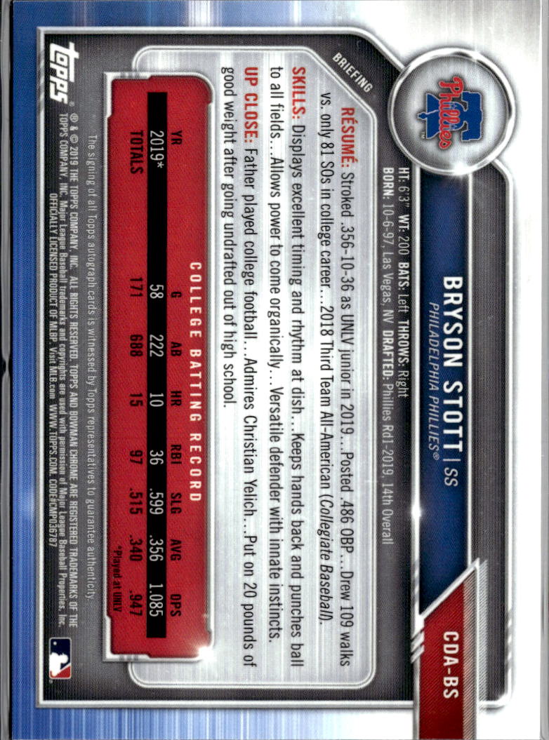 Bryson Stott 2019 Bowman Chrome 1st Auto Autograph RC 57/150 Phillies
