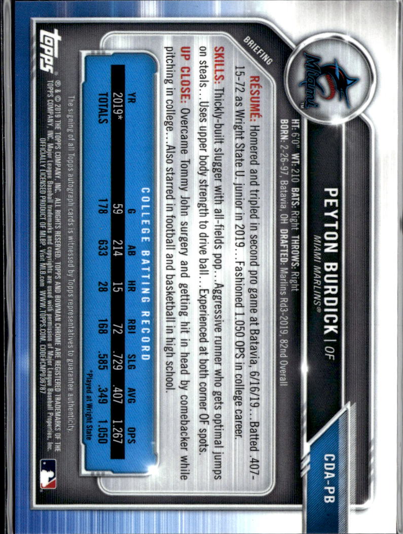 Peyton Burdick 2019 Bowman Chrome 1st Auto Autograph RC 34/150 Miami Marlins