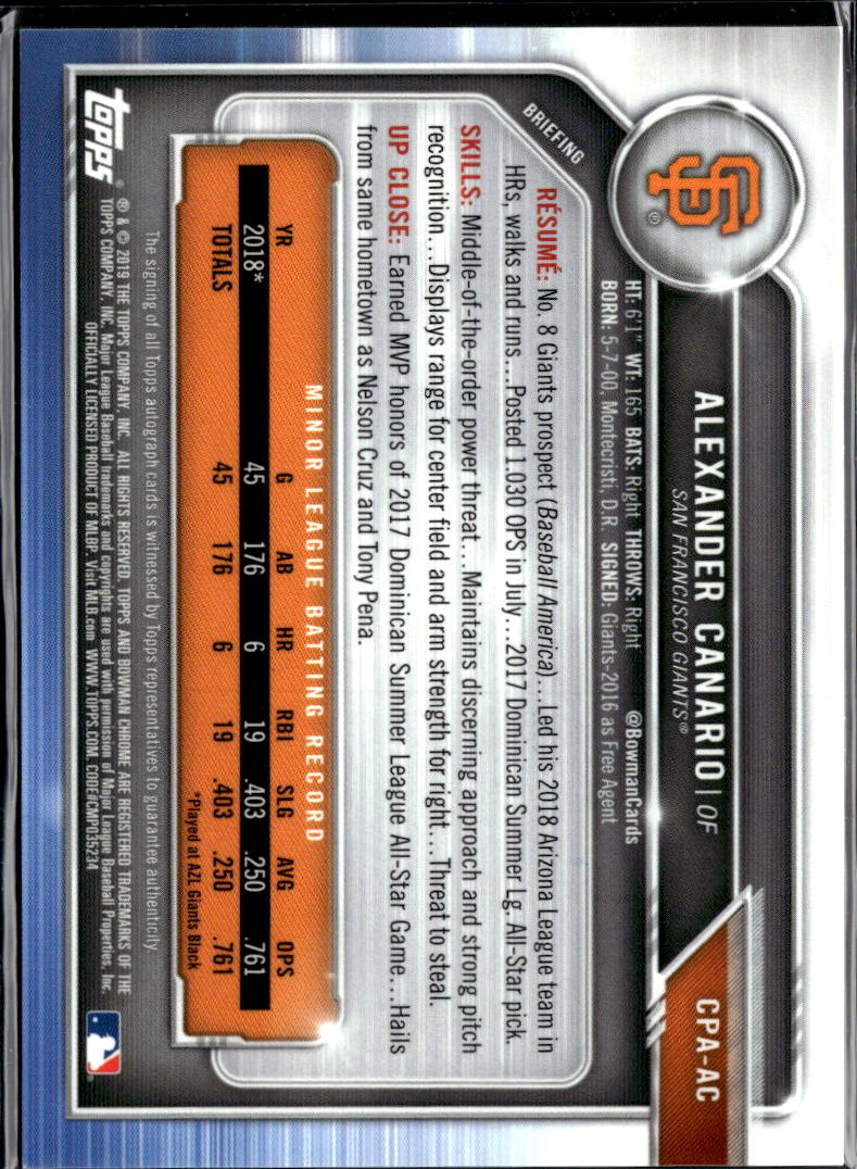 Alexander Canario 2019 Bowman Chrome 1st Auto Autograph /99 San Francisco Giants