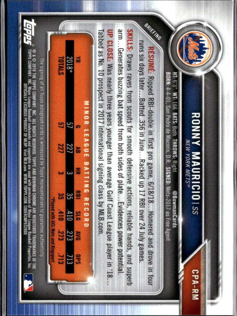 Ronny Mauricio 2019 Bowman Chrome 1st Auto Autograph RC 213/250 New York Mets
