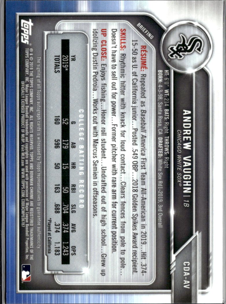 Andrew Vaughn 2019 Bowman Chrome 1st Auto Autograph RC 189/250 White Sox