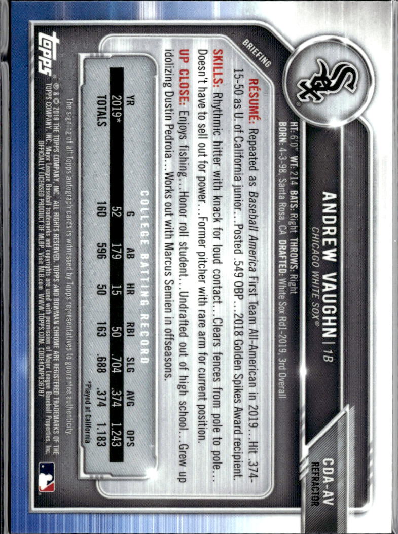 Andrew Vaughn 2019 Bowman Chrome 1st Auto Autograph RC 319/499 White Sox