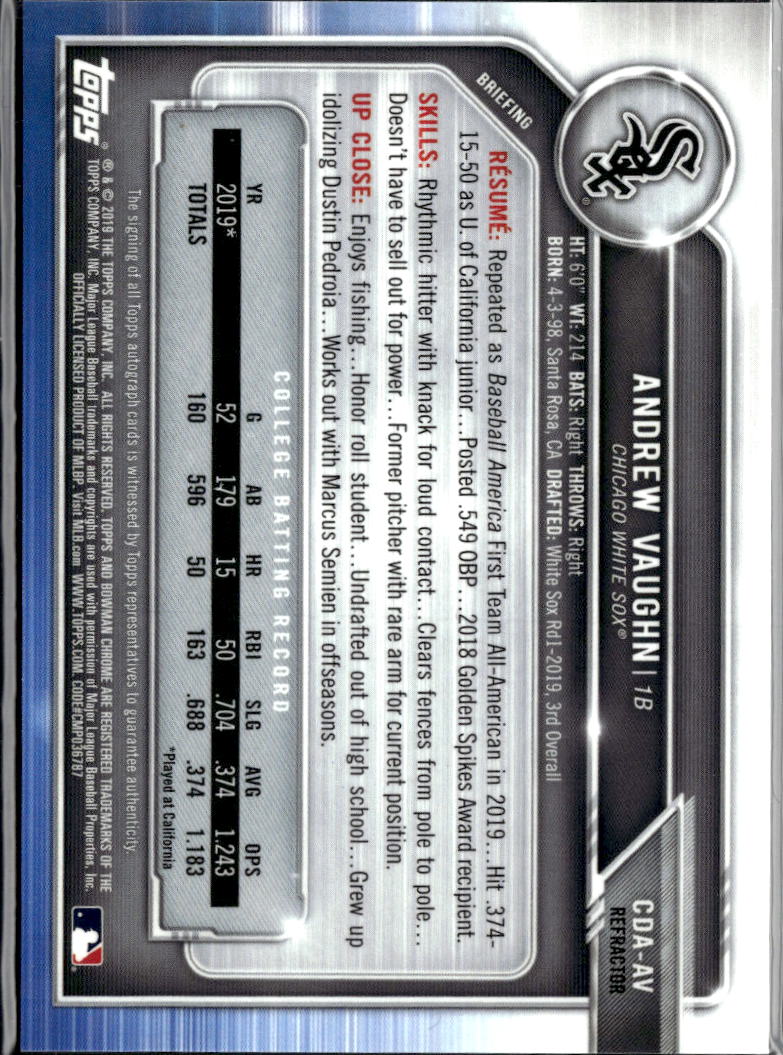 Andrew Vaughn 2019 Bowman Chrome 1st Auto Autograph RC 259/499 White Sox