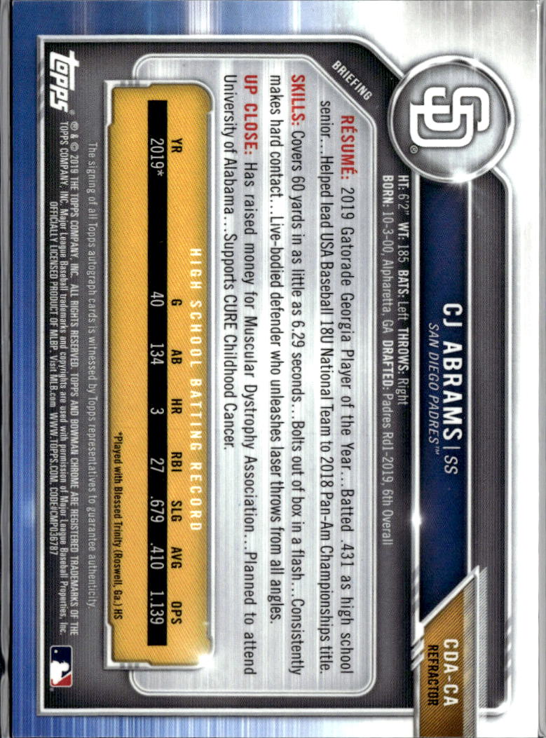CJ Abrams 2019 Bowman Chrome 1st Auto Autograph RC 194/499 San Diego Padres