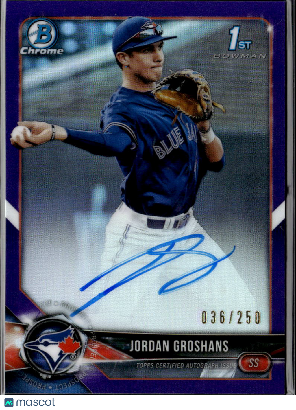 Jordan Groshans 2018 Bowman Chrome 1st Auto Autograph RC 36/250 Blue Jays