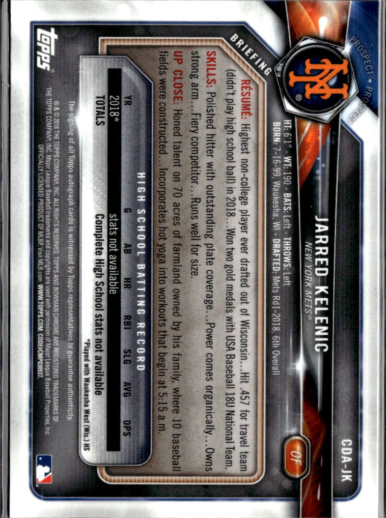 Jarred Kelenic 2018 Bowman Chrome 1st Auto Autograph 39/250 New York Mets