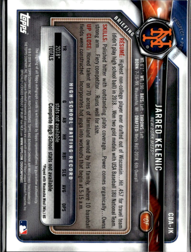 Jarred Kelenic 2018 Bowman Chrome 1st Auto Autograph RC New York Mets