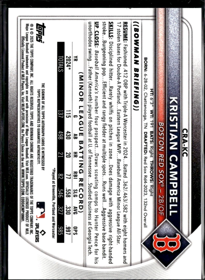 Kristian Campbell 2025 Bowman Chrome Auto Autograph RC 44/150 Boston Red Sox