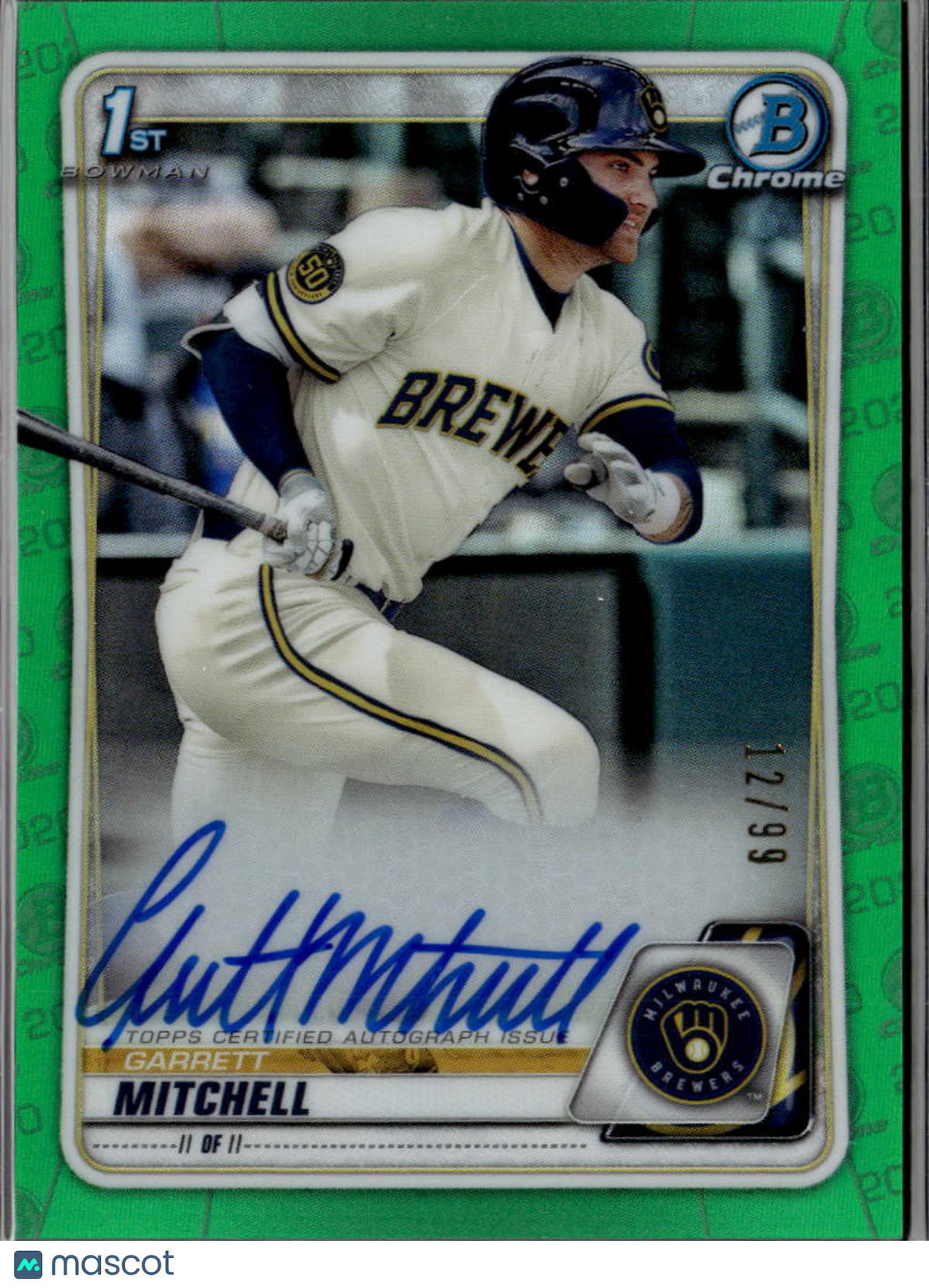 Garrett Mitchell 2020 Bowman Chrome Auto Green Refractor Milwaukee Brewers