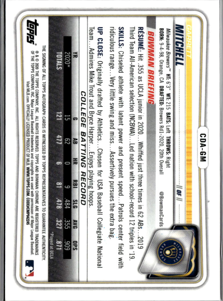 Garrett Mitchell 2020 Bowman Chrome Auto Green Refractor Milwaukee Brewers