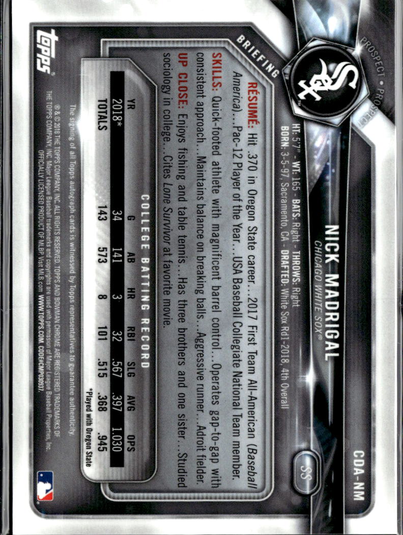 Nick Madrigal 2018 Bowman Chrome 1st Auto Autograph RC 58/99 Chicago White Sox