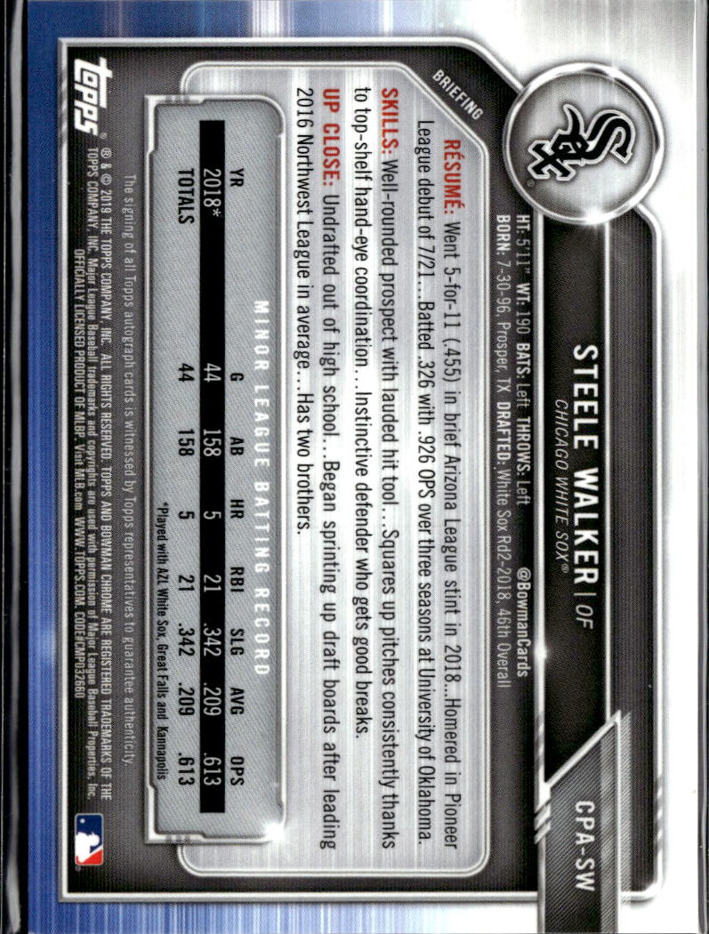 Steele Walker 2019 Bowman Chrome 1st GOLD Auto Autograph /50 Chicago White Sox
