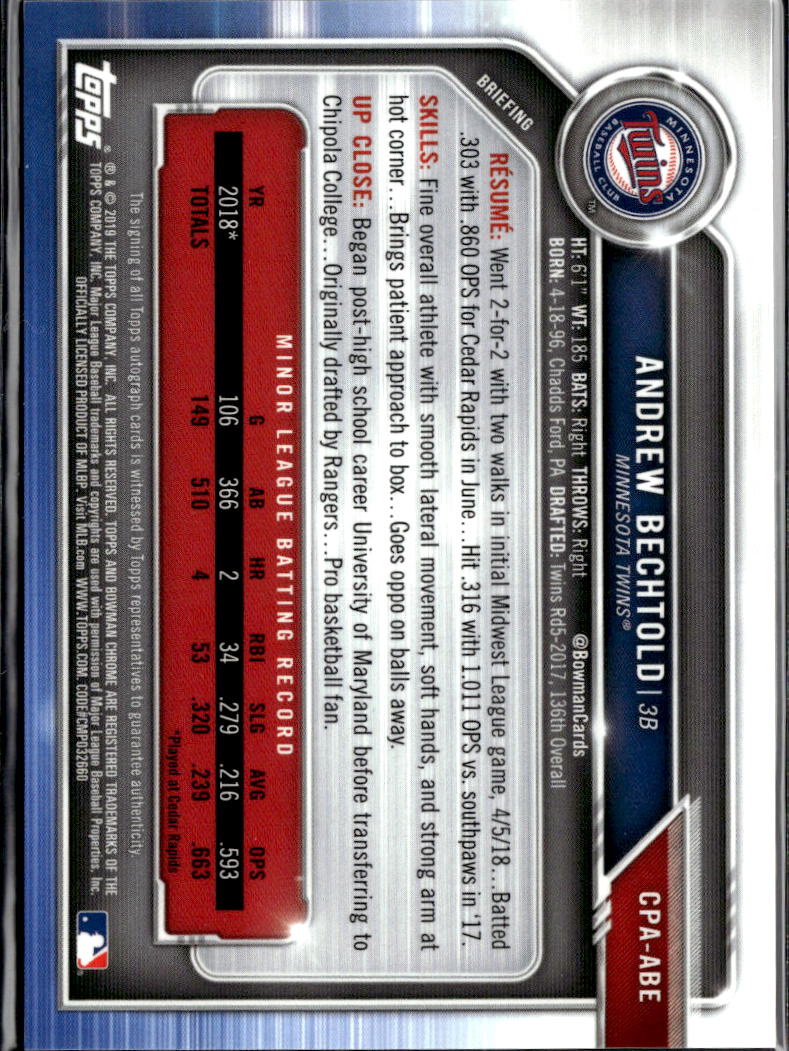 Andrew Bechtold 2019 Bowman Chrome 1st Auto Autograph RC 45/50 Minnesota Twins
