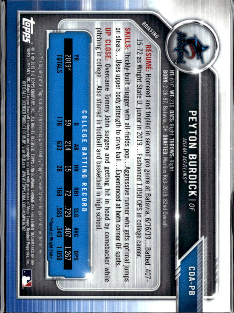 Peyton Burdick 2019 Bowman Chrome 1st Auto Autograph GOLD 38/50 Miami Marlins