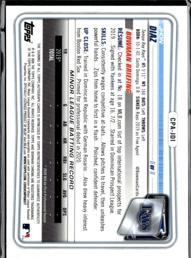 Jhon Diaz 2020 Bowman Chrome 1st GOLD Auto Autograph 15/50 Tampa Bay Rays