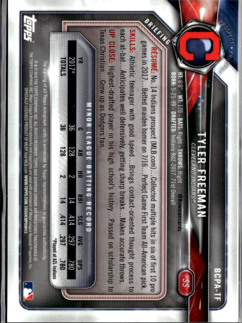 Tyler Freeman 2018 Bowman Chrome GOLD Auto Autograph 23/50 Cleveland Indians