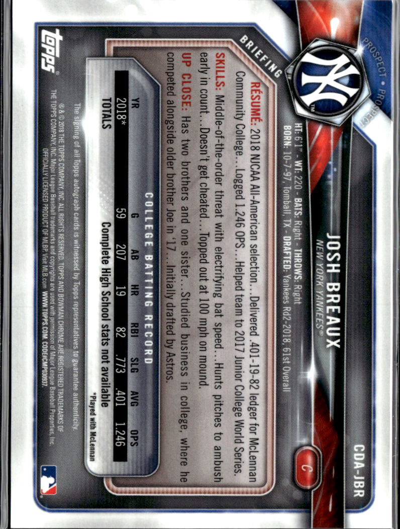 Josh Breaux 2018 Bowman Chrome 1st Auto Autograph 7/50 New York Yankees