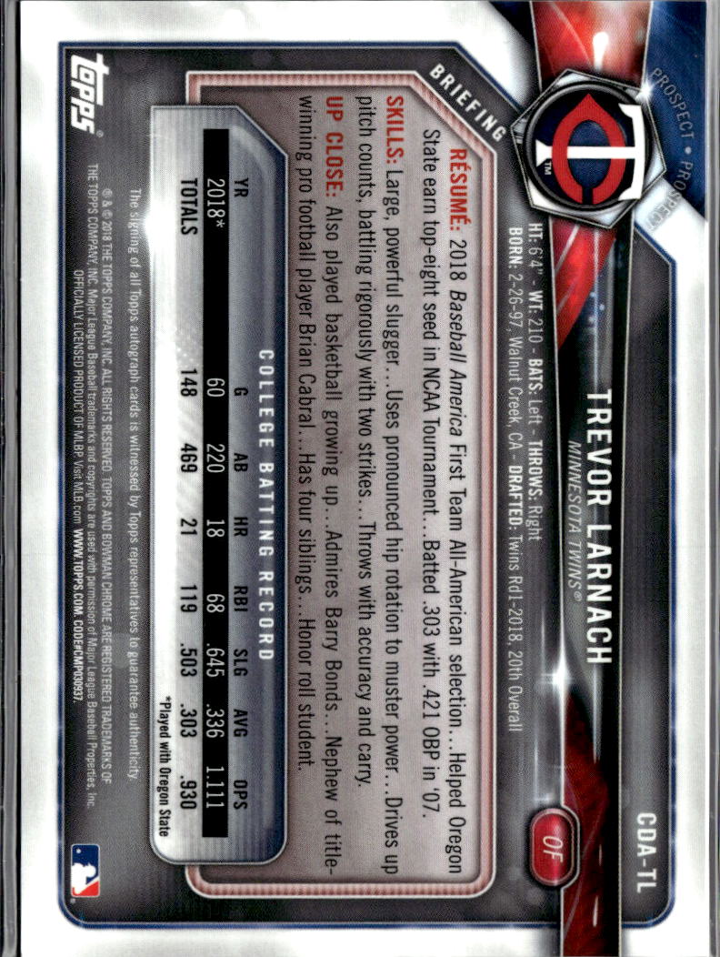 Trevor Larnach 2018 Bowman Chrome 1st GOLD Auto Autograph 22/50 Minnesota Twins