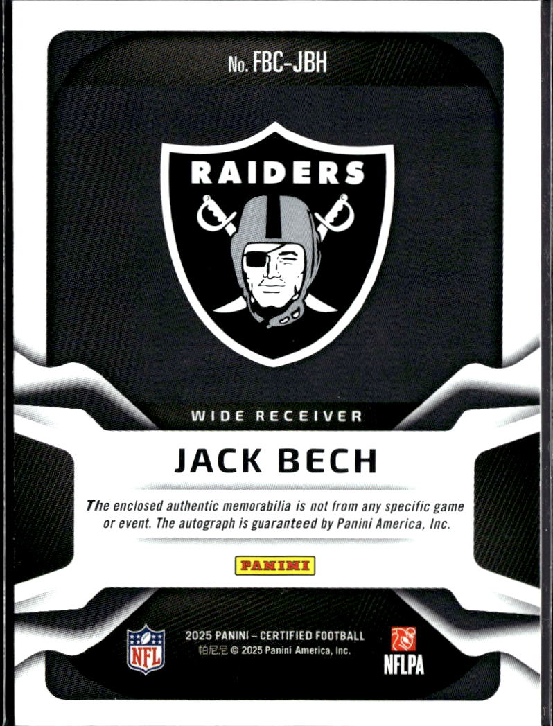 Jack Bech 2025 Certified Auto Autograph Patch RC 376/499 Las Vegas Raiders