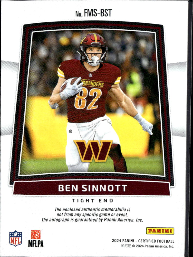 Ben Sinnott 2024 Certified Auto Autograph Patch RC 2/349 Washington Commanders