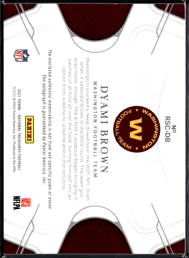 Dyami Brown 2021 National Treasures Auto Autograph Patch RC /25 Commanders