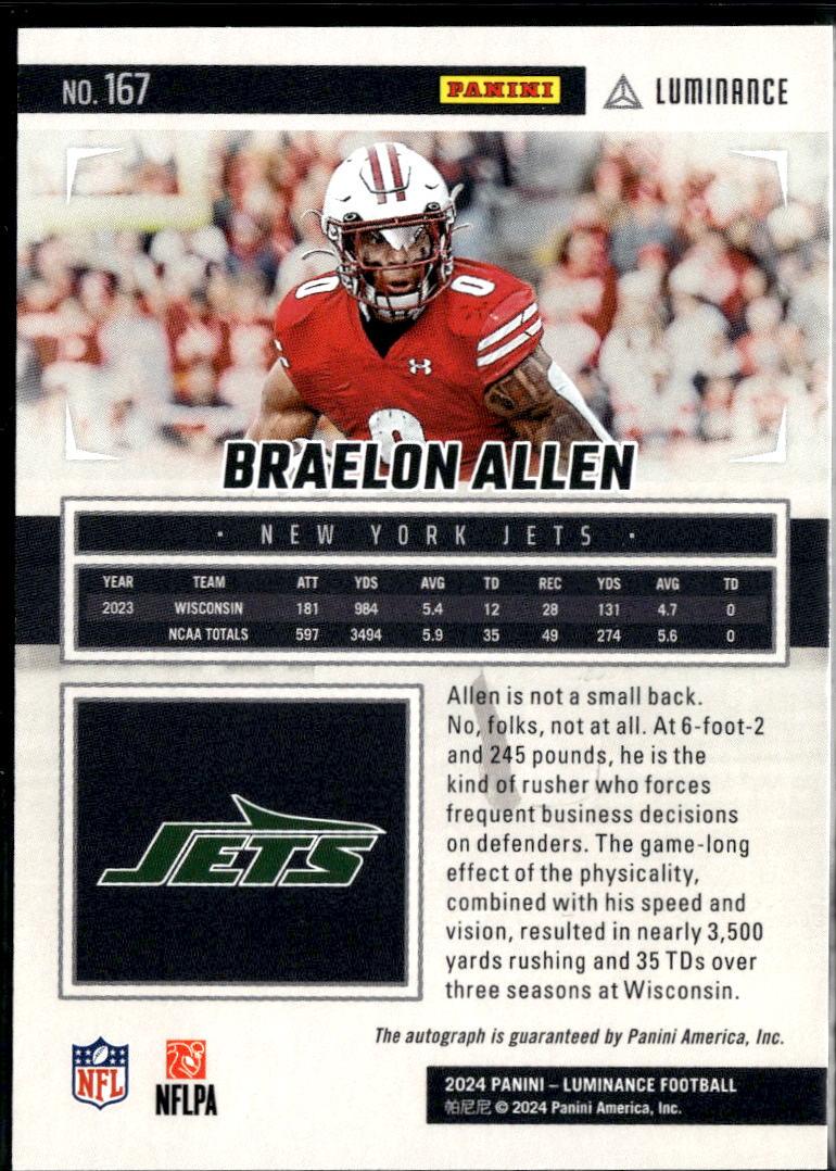 Braelon Allen 2024 Luminance Auto Autograph RC 291/350 New York Jets