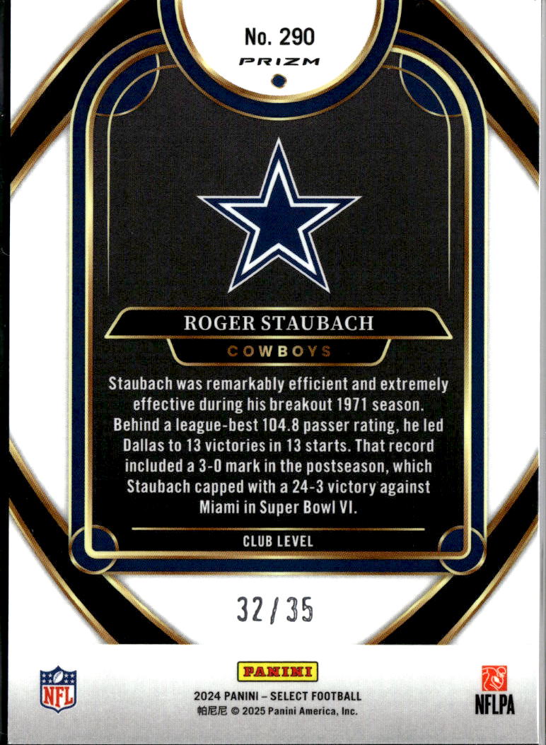 Roger Staubach 2024 Select Club Level Blue Orange Prizm 32/35 Dallas Cowboys