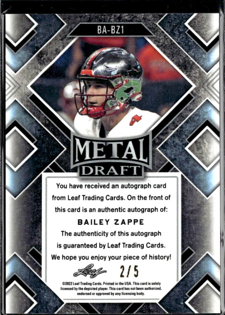 Bailey Zappe 2022 Leaf Metal Auto Autograph RC 2/5 Western Kentucky Patriots