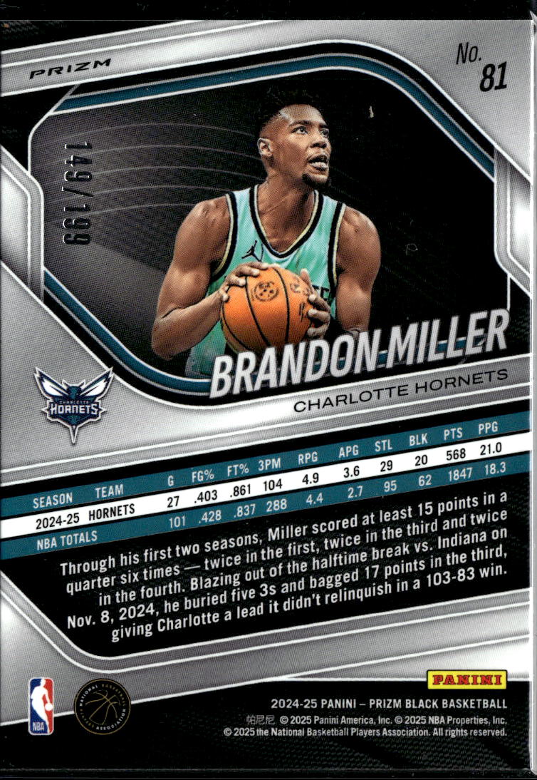 Brandon Miller 2024-25 Prizm Black Blue Prizm 149/199 Charlotte Hornets