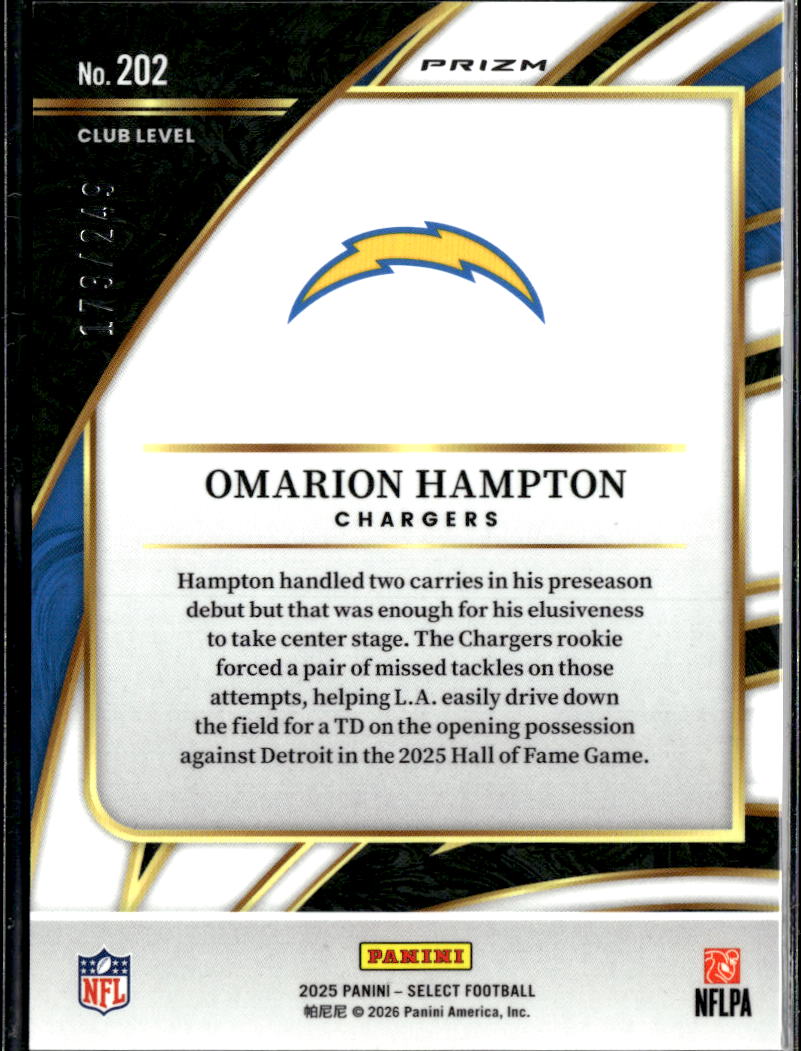 Omarion Hampton 2025 Select Club Tricolor Prizm Rookie 173/249 LA Chargers