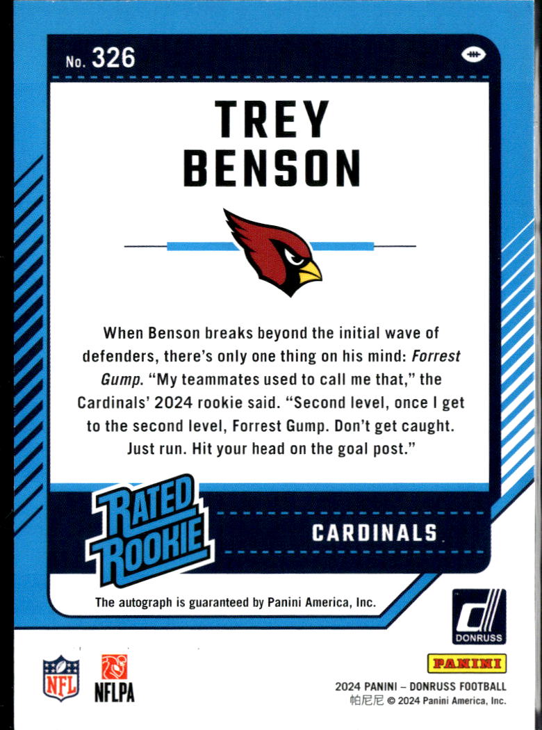 Trey Benson 2024 Donruss Rated Rookie Green Auto Autograph Arizona Cardinals