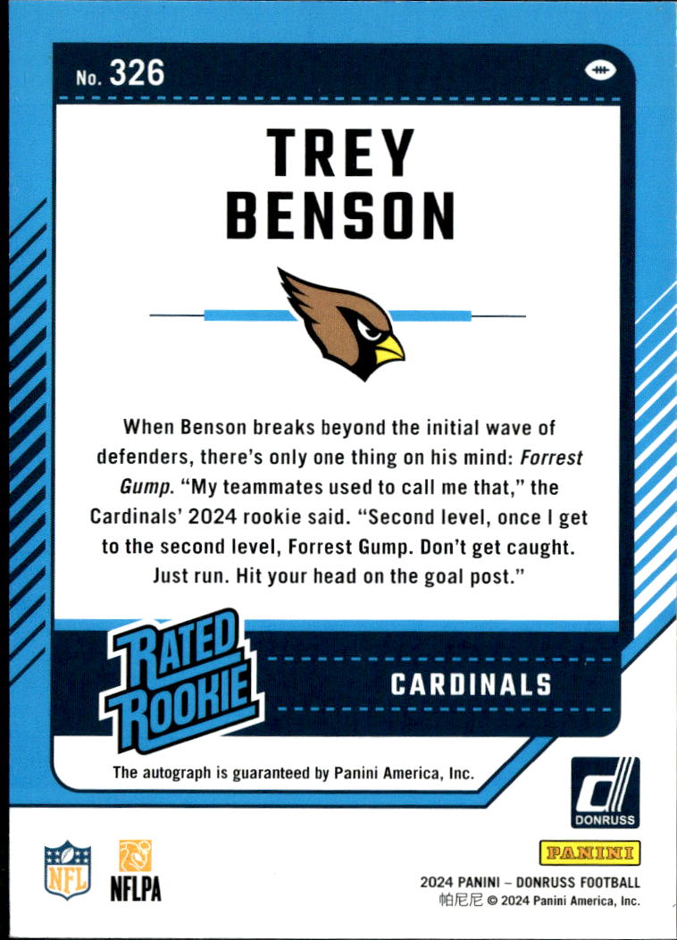Trey Benson 2024 Donruss Rated Rookie Blue Auto Autograph Arizona Cardinals