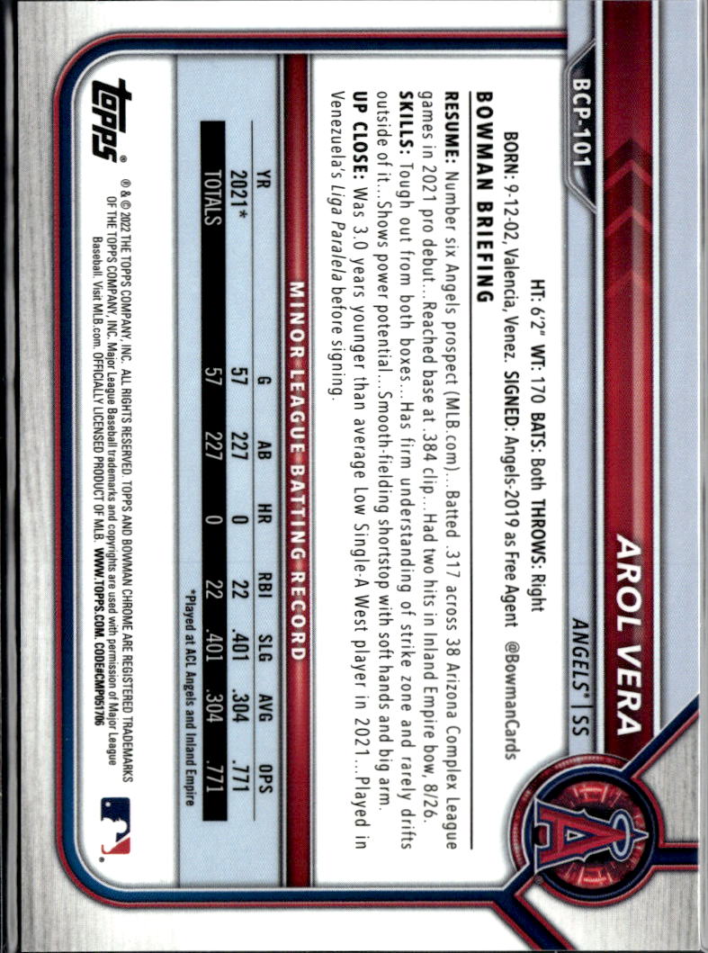 Arol Vera 2022 Bowman Chrome Orange Shimmer Refractor 25/25 Los Angeles Angels