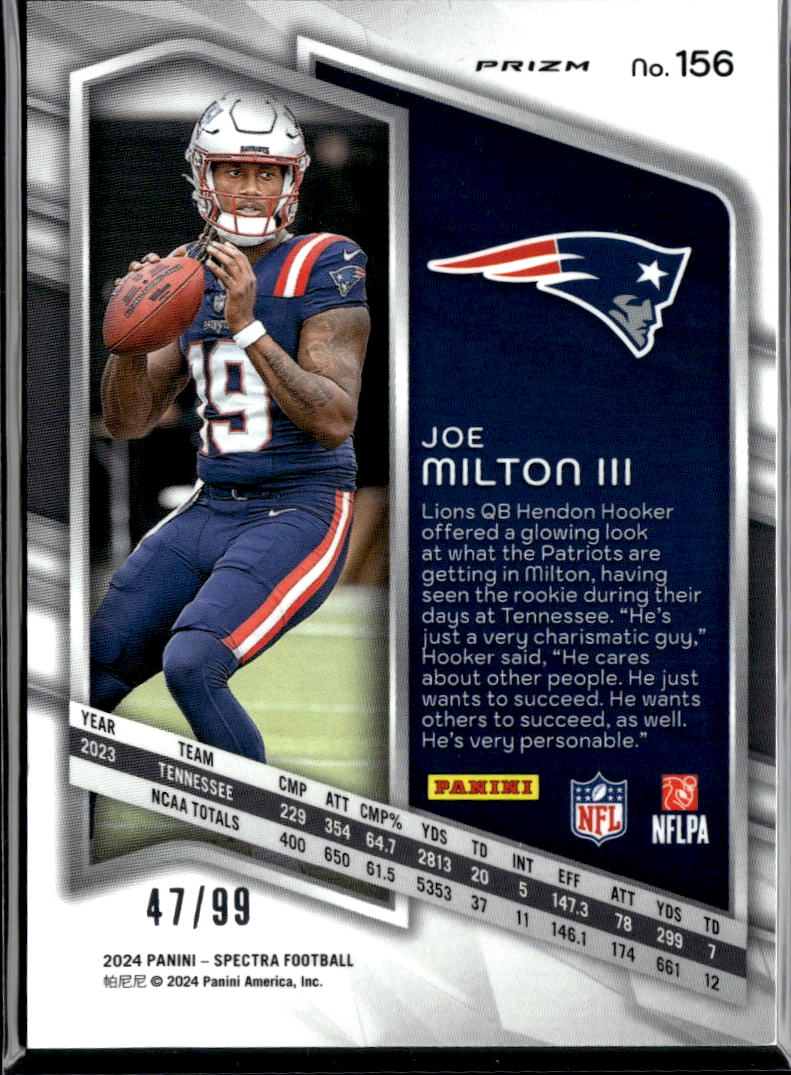 Joe Milton III 2024 Spectra Rookie RC 47/99 New England Patriots