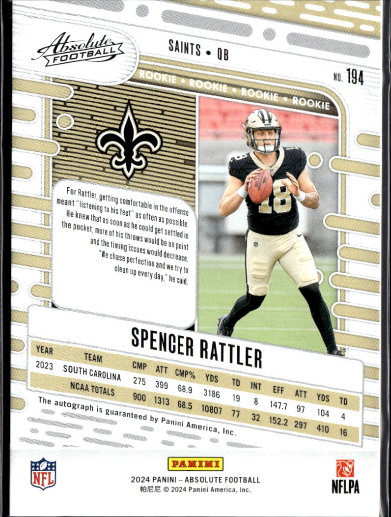 Spencer Rattler 2024 Absolute Auto Autograph RC 29/299 New Orleans Saints