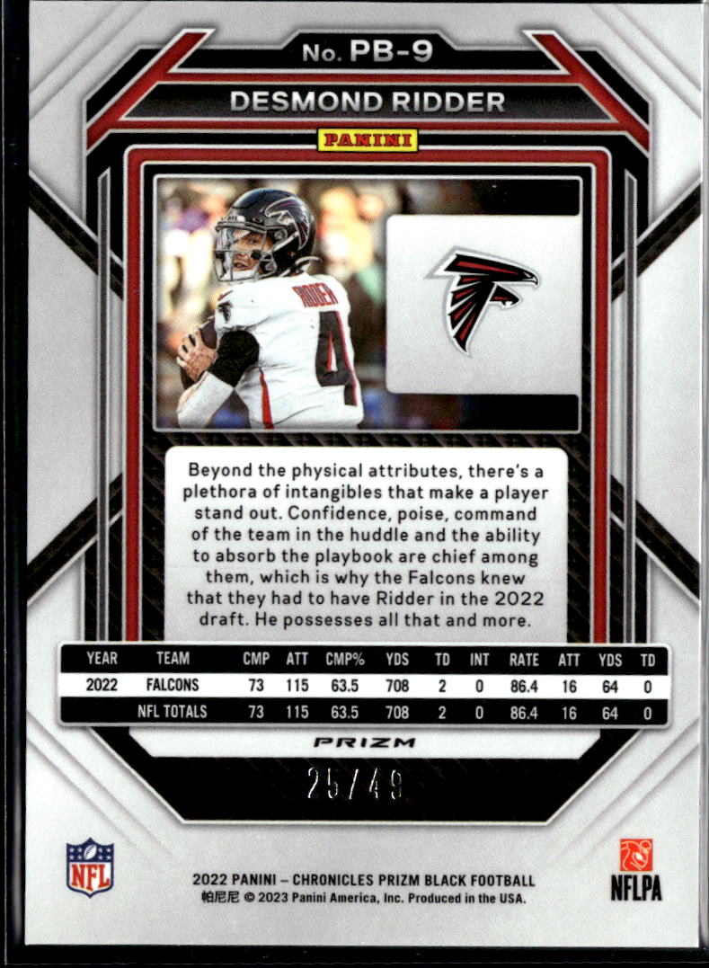 Desmond Ridder 2023 Chronicles Prizm Black RC Green Prizm 25/49 Atlanta Falcons