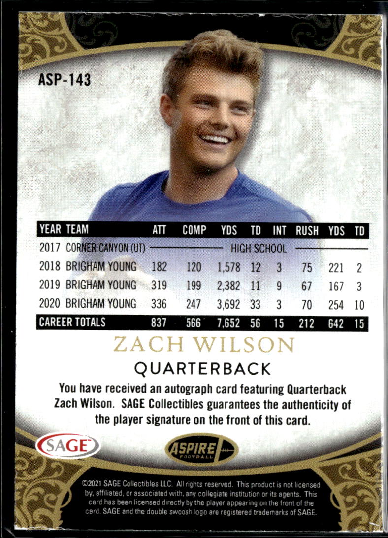 Zach Wilson 2021 SAGE Aspire Auto Autograph RC Rookie BYU New York Jets